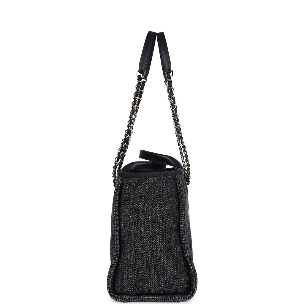Chanel Small Deauville Shopping Tote Dark Blue Denim Light Gold Hardware
