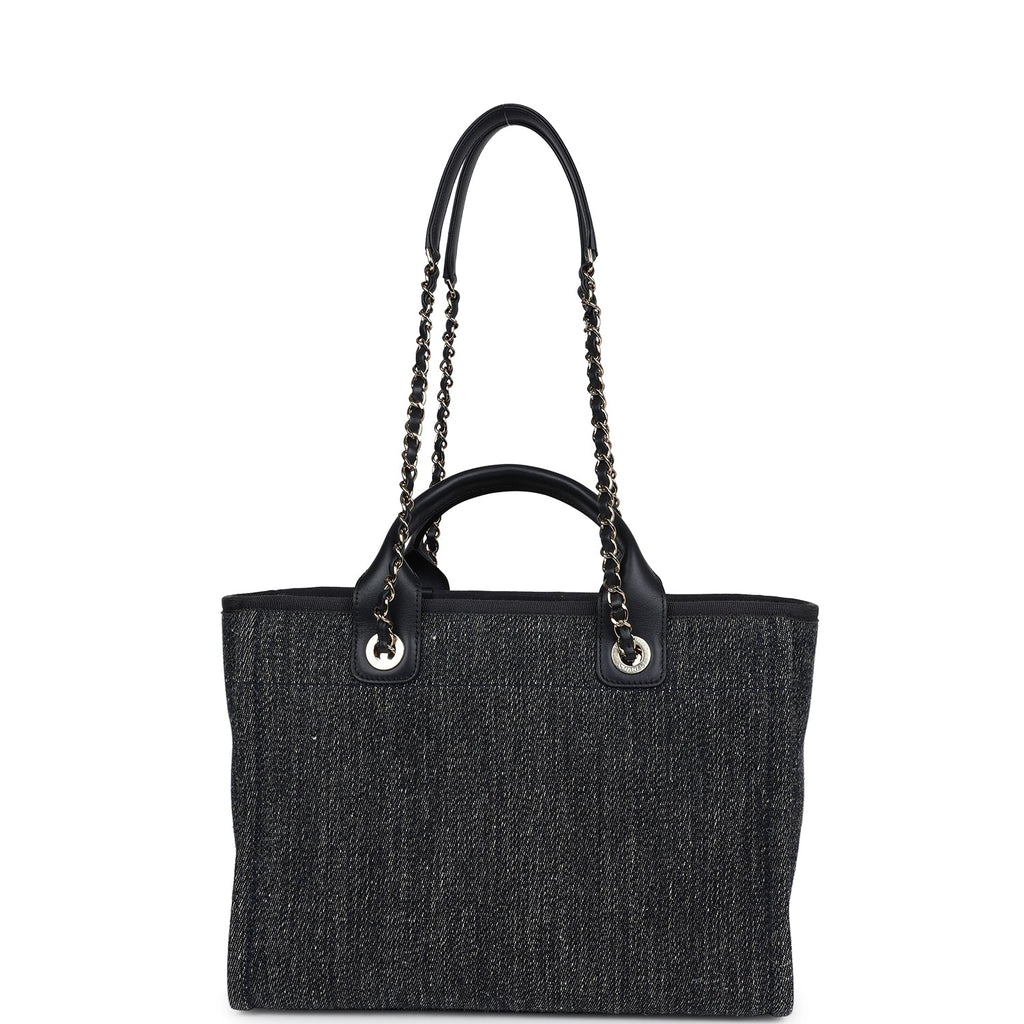 Chanel Small Deauville Shopping Tote Dark Blue Denim Light Gold Hardware
