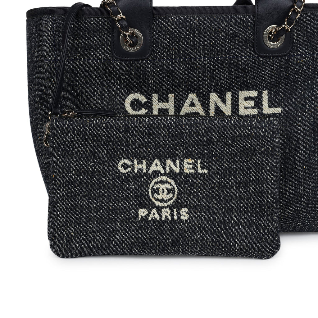 Chanel Small Deauville Shopping Tote Dark Blue Denim Light Gold Hardware