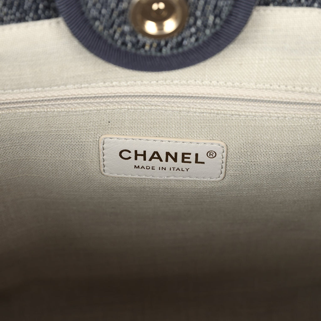 Chanel Small Deauville Shopping Tote Dark Blue Denim Light Gold Hardware