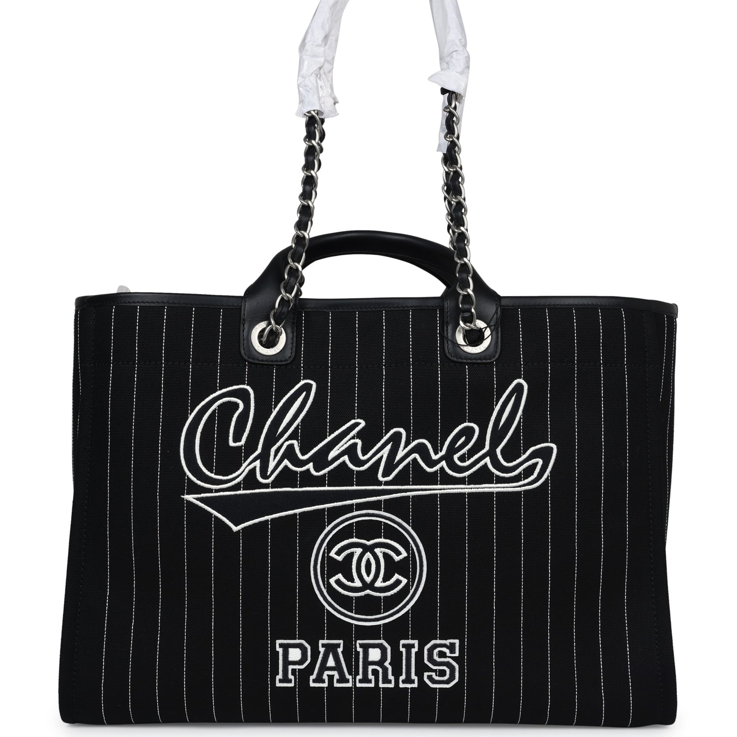 Chanel Large Deauville Shopping Tote Black and White Striped Canvas Silver Hardware