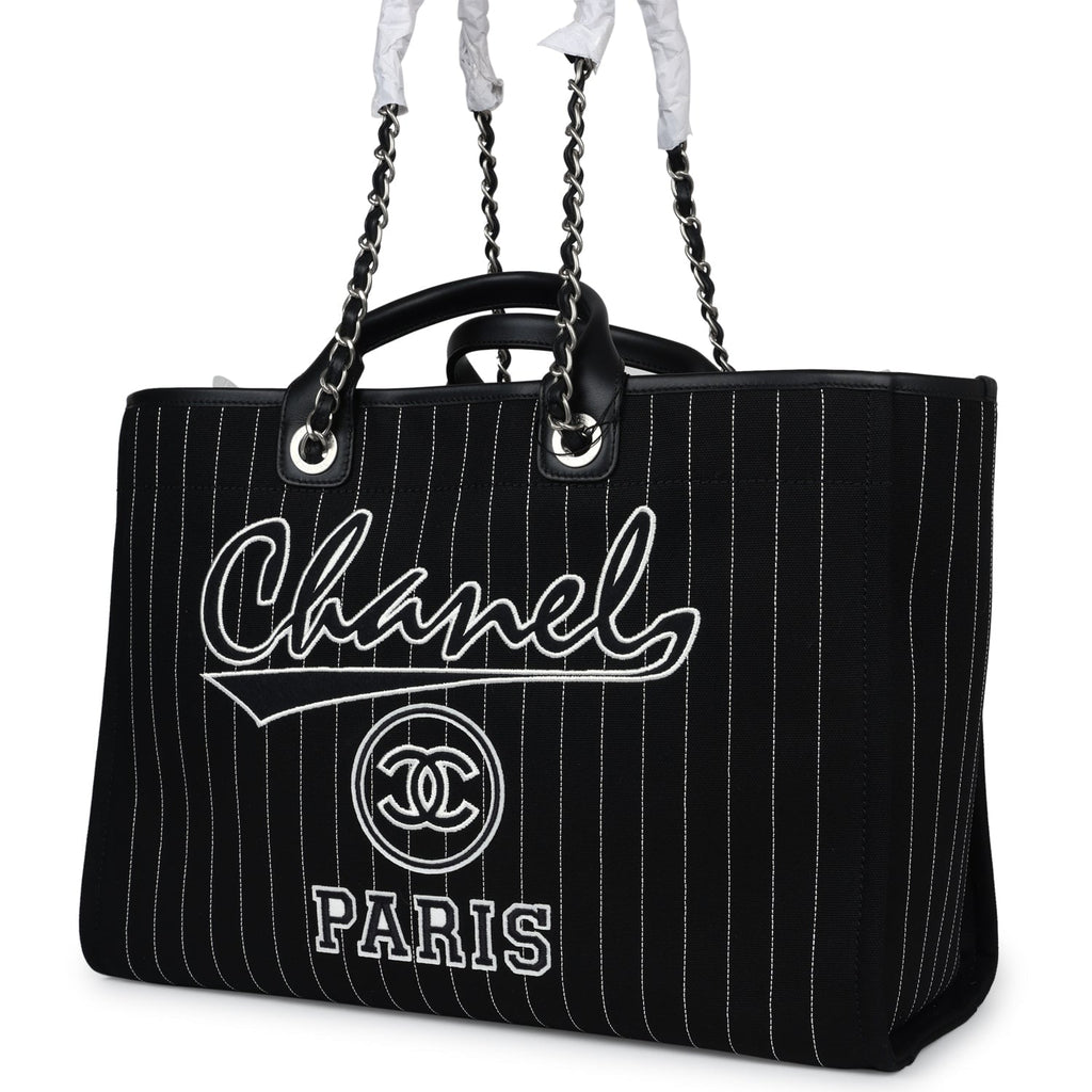 Chanel Large Deauville Shopping Tote Black and White Striped Canvas Silver Hardware