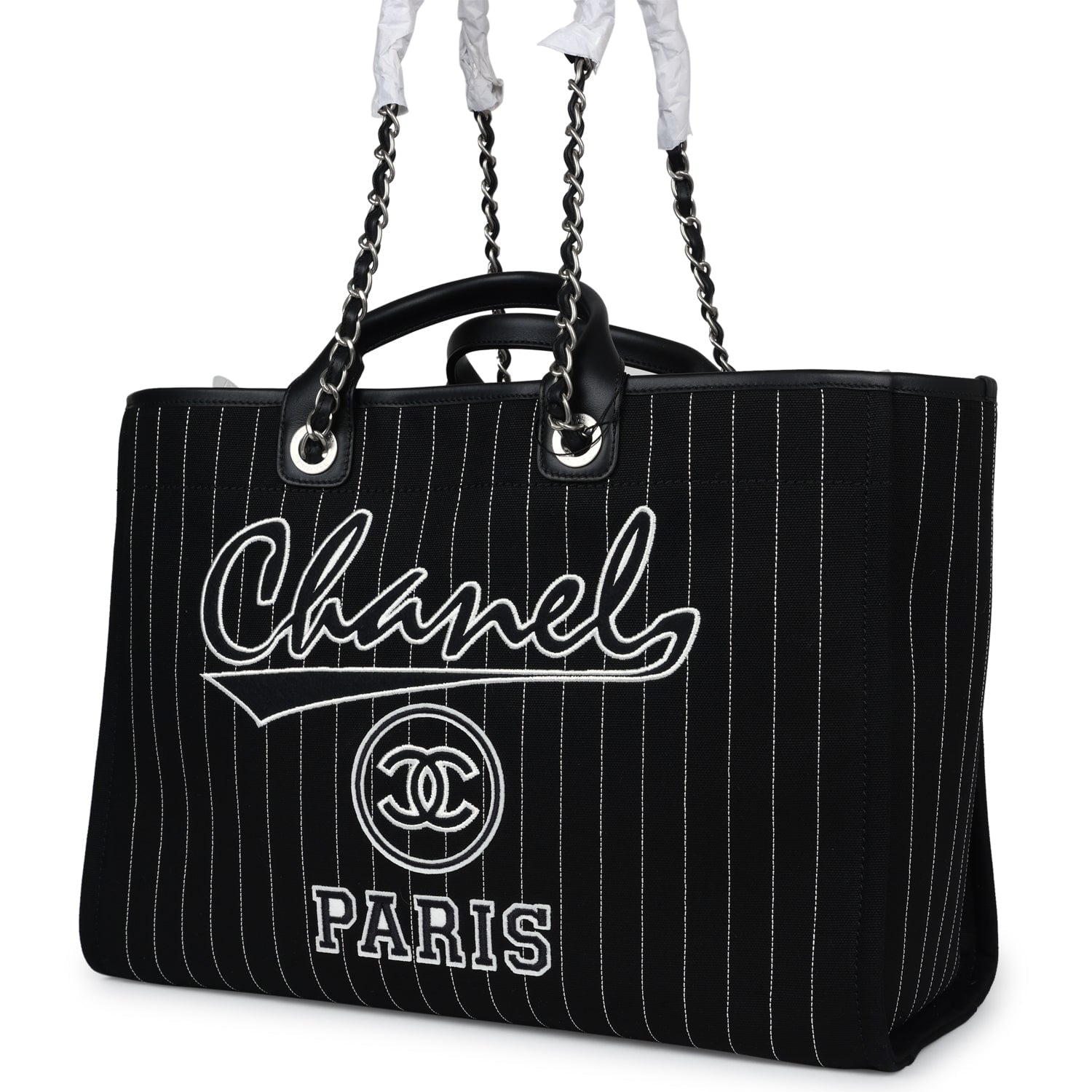 Chanel Large Deauville Shopping Tote Black and White Striped Canvas Silver Hardware