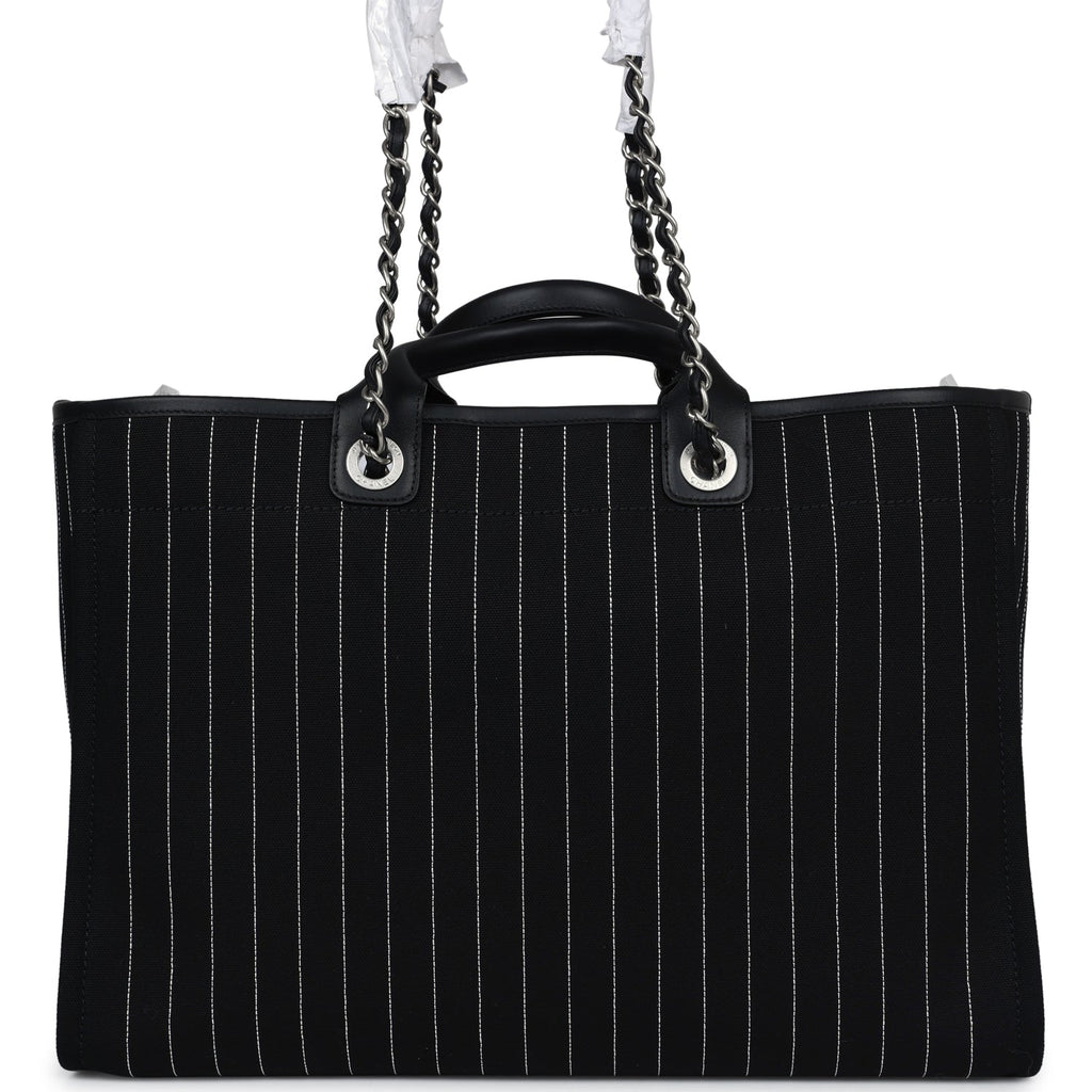 Chanel Large Deauville Shopping Tote Black and White Striped Canvas Silver Hardware