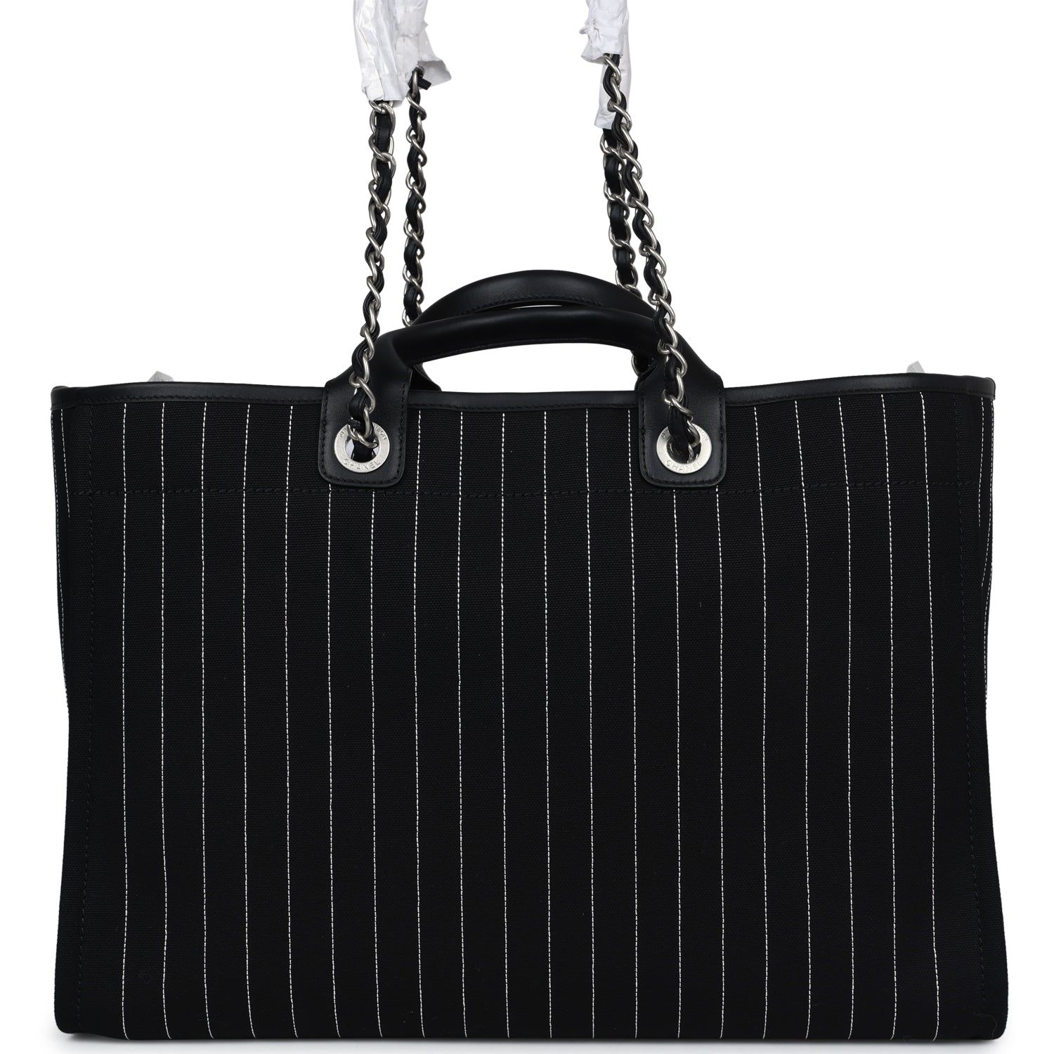 Chanel Large Deauville Shopping Tote Black and White Striped Canvas Silver Hardware