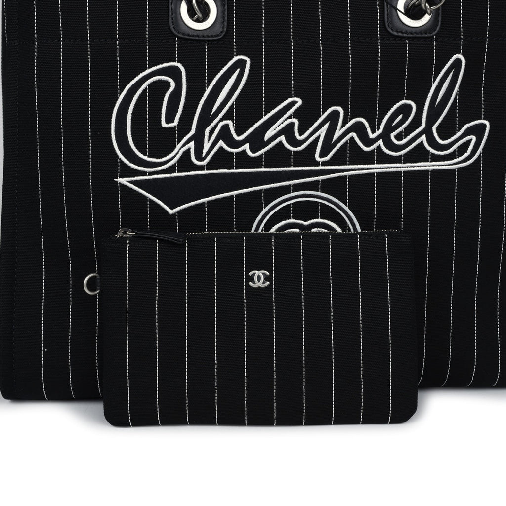 Chanel Large Deauville Shopping Tote Black and White Striped Canvas Silver Hardware