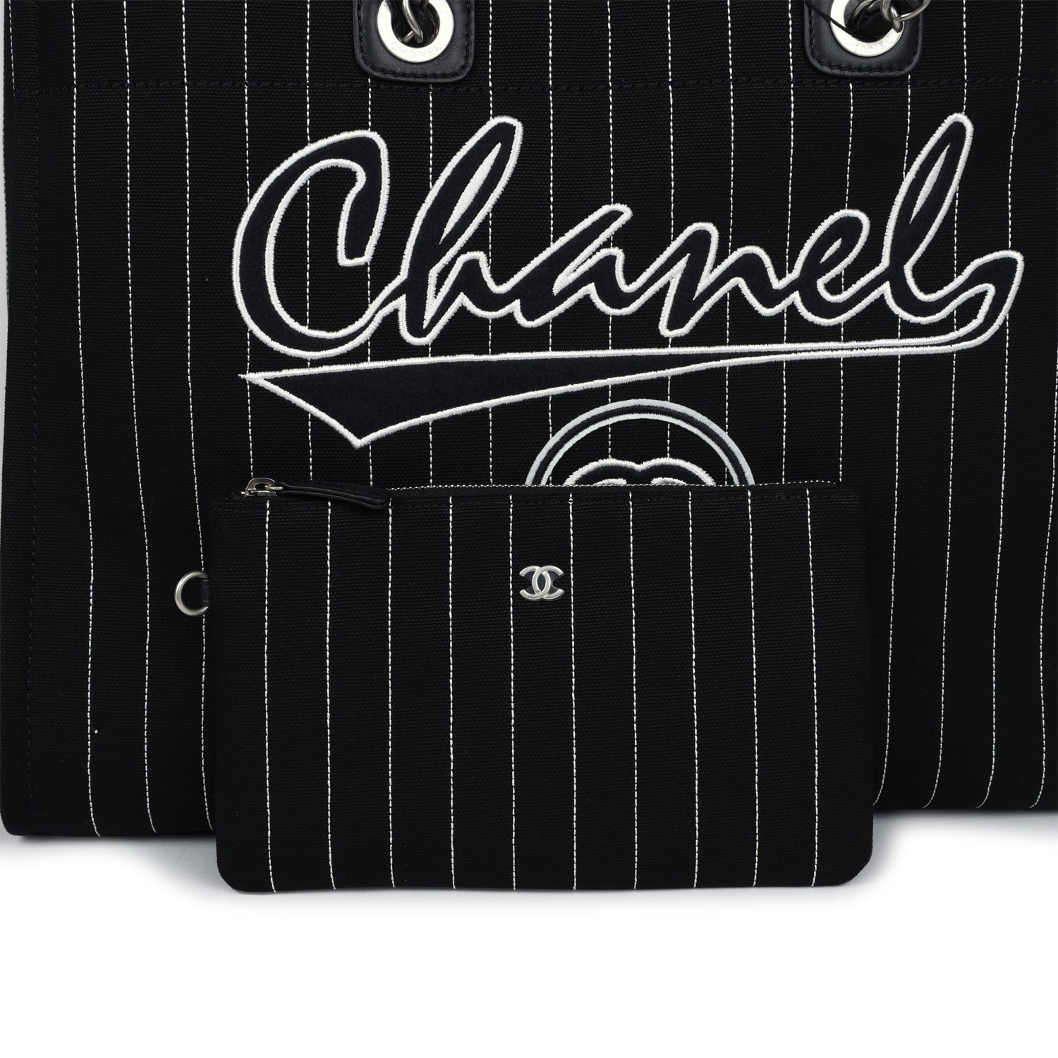 Chanel Large Deauville Shopping Tote Black and White Striped Canvas Silver Hardware