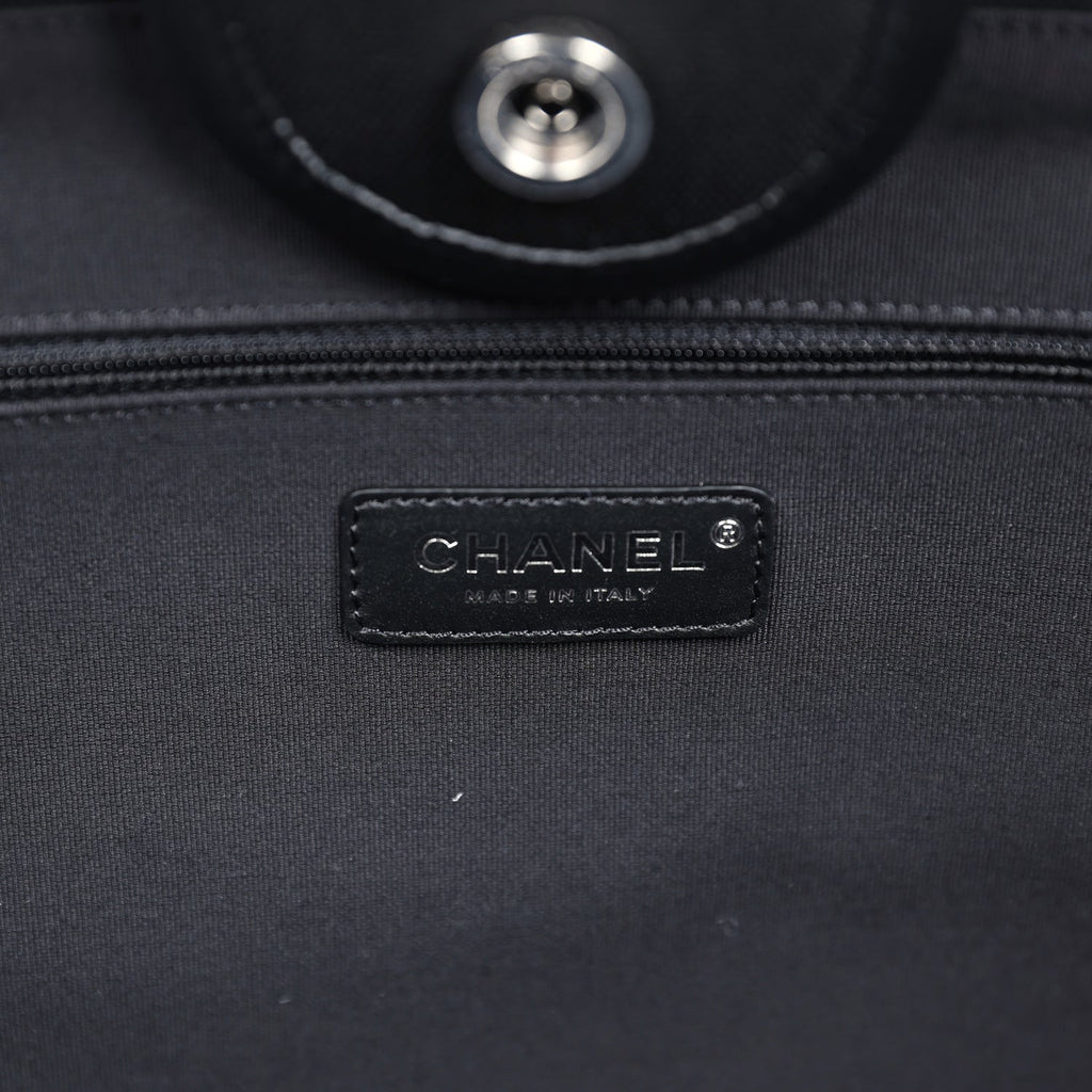 Chanel Large Deauville Shopping Tote Black and White Striped Canvas Silver Hardware