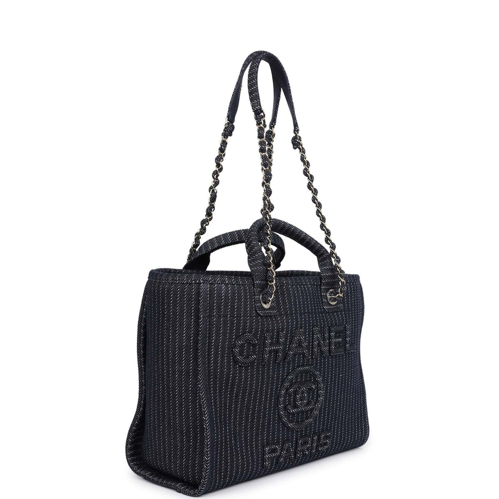 Chanel Small Striped Deauville Shopping Tote Navy Blue and White Denim Light Gold Hardware