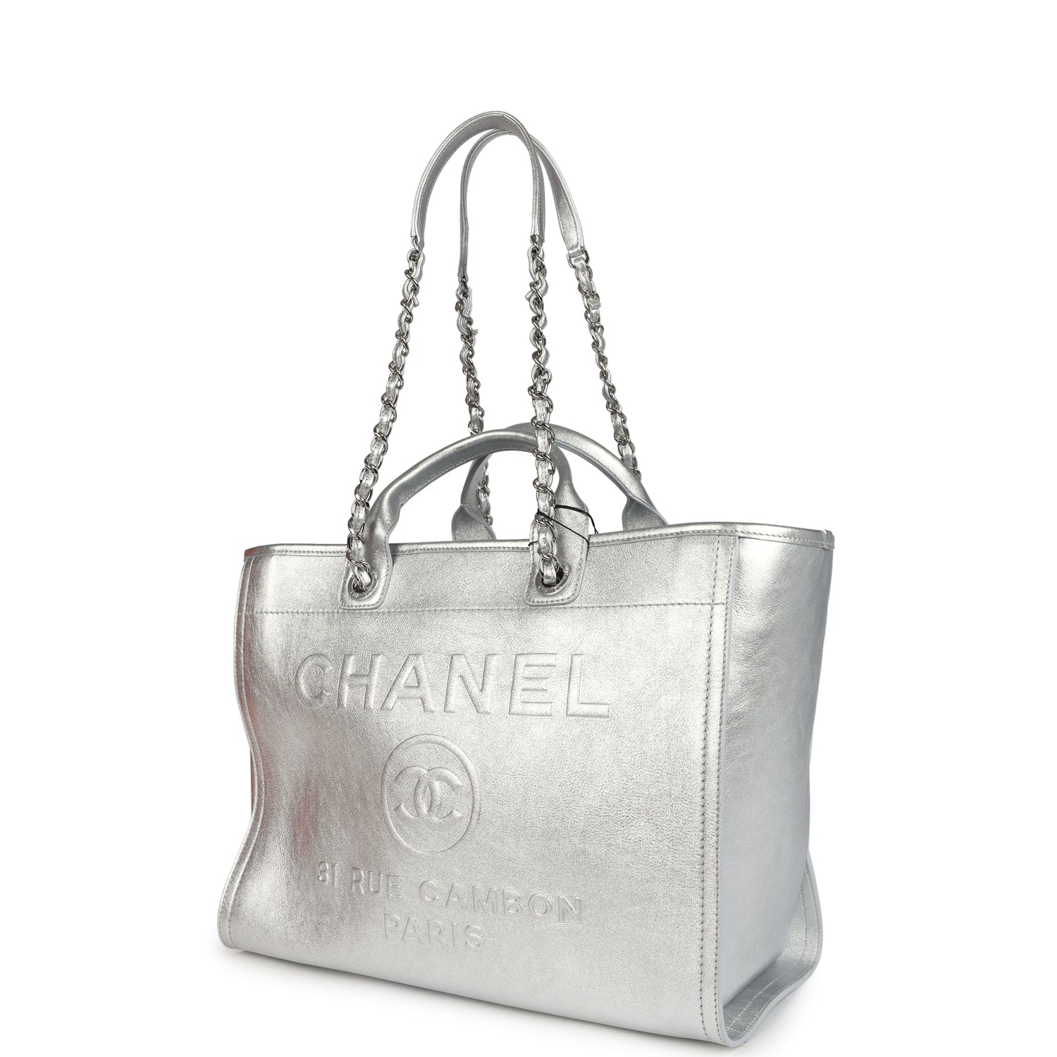 Chanel Medium Deauville Shopping Tote Metallic Silver Shiny Calfskin Silver Hardware