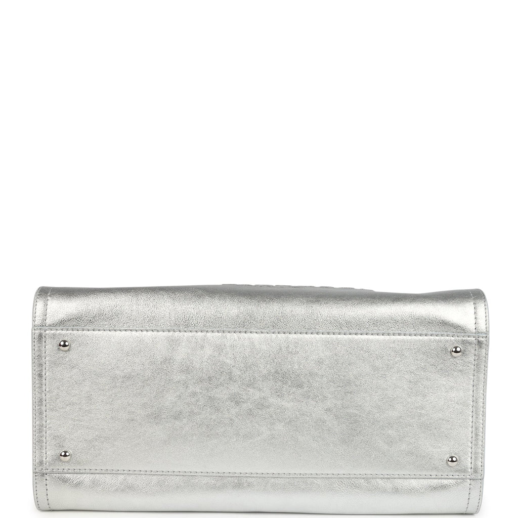 Chanel Medium Deauville Shopping Tote Metallic Silver Shiny Calfskin Silver Hardware