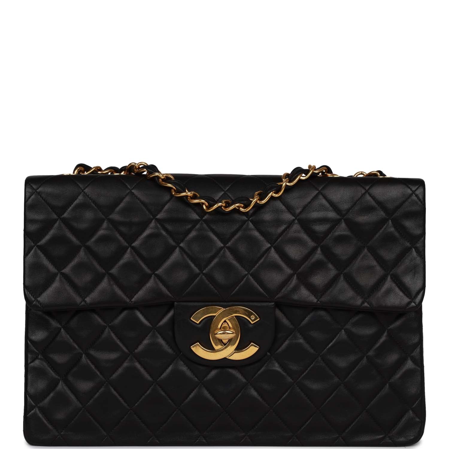 Chanel Vintage XL Jumbo Flap Bag Black Lambskin Gold Hardware