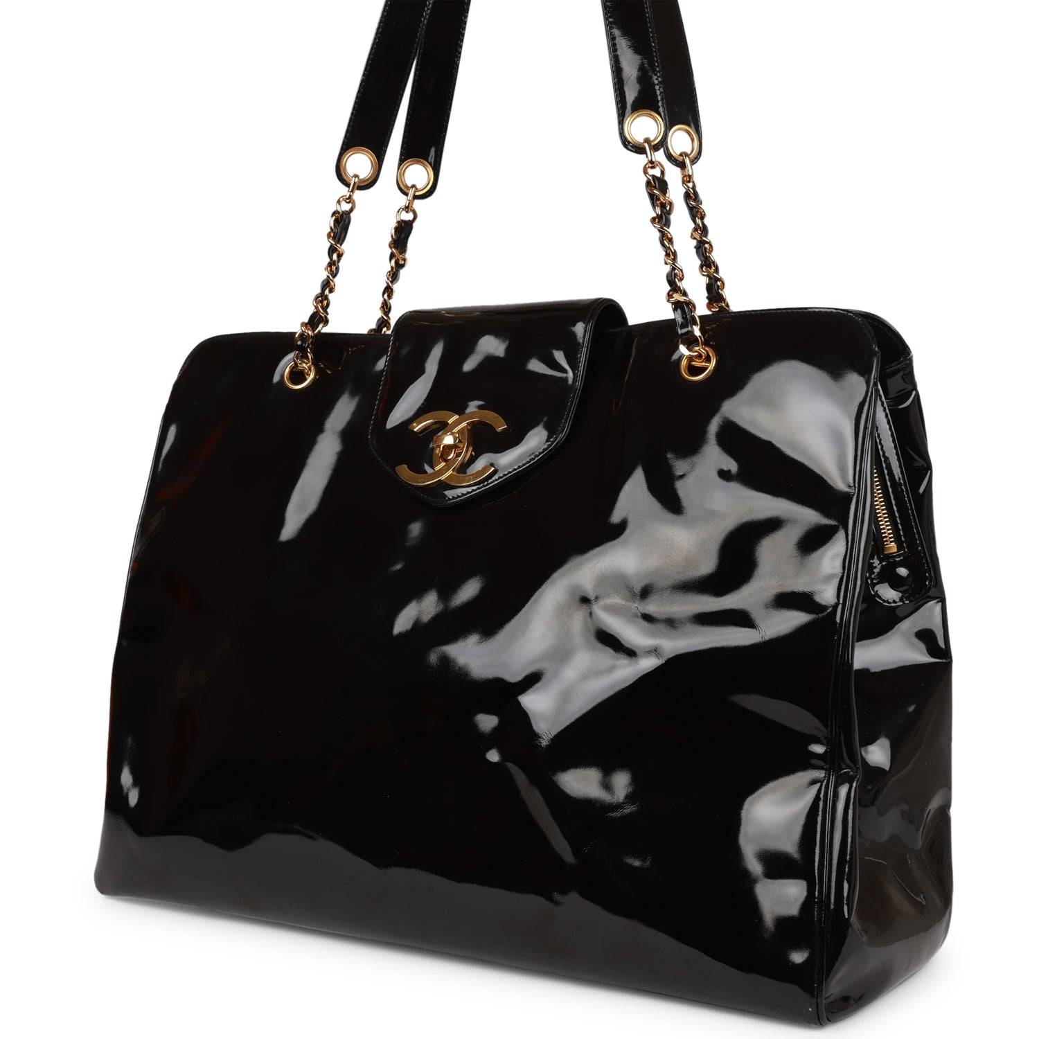 Chanel Vintage Supermodel Weekender Tote Bag Black Patent Gold Hardware