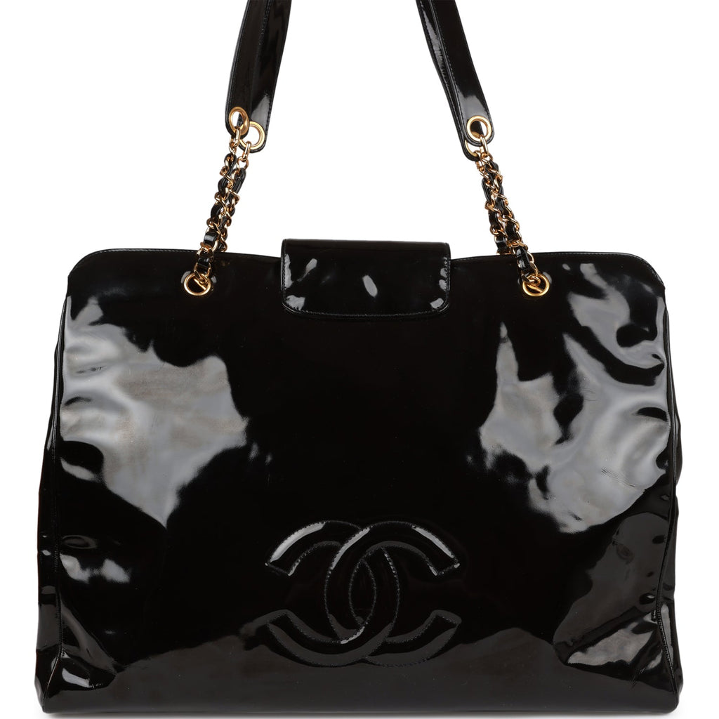 Chanel Vintage Supermodel Weekender Tote Bag Black Patent Gold Hardware