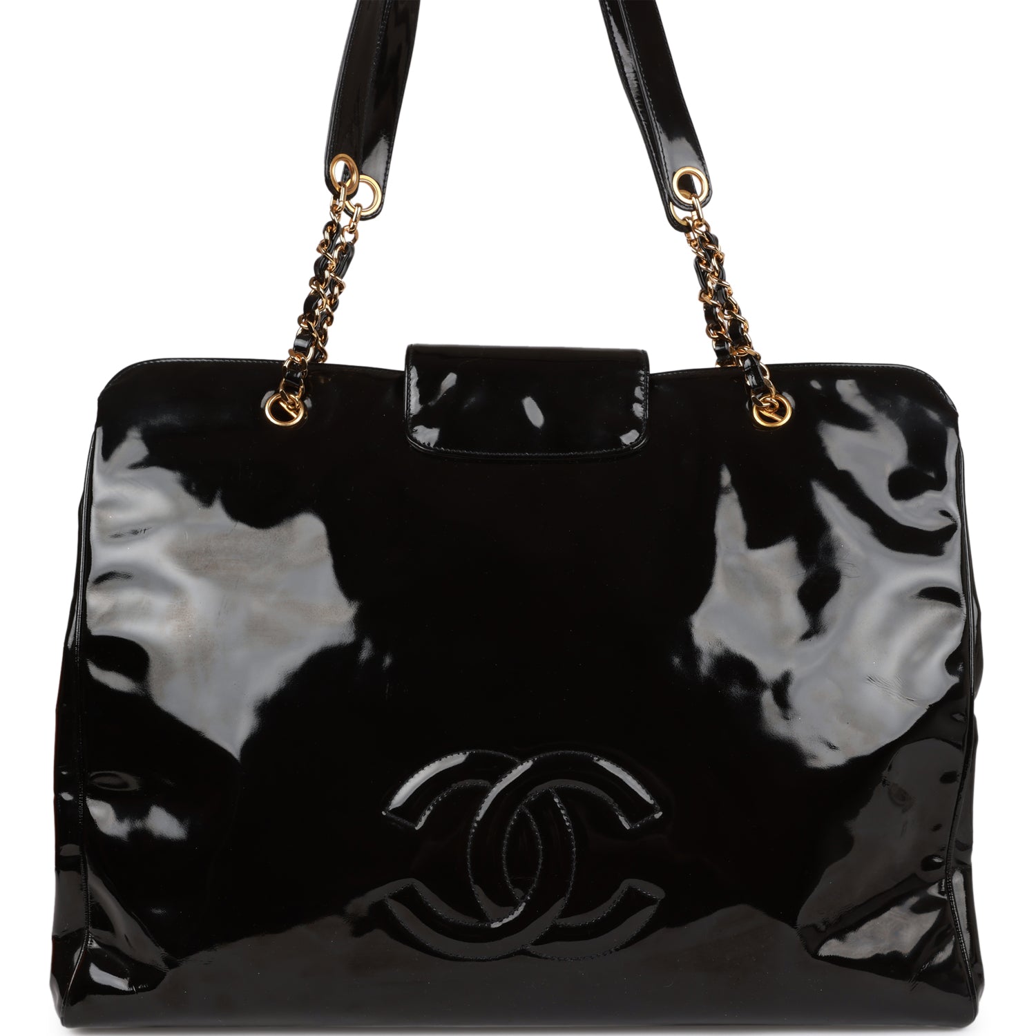 Chanel Vintage Supermodel Weekender Tote Bag Black Patent Gold Hardware