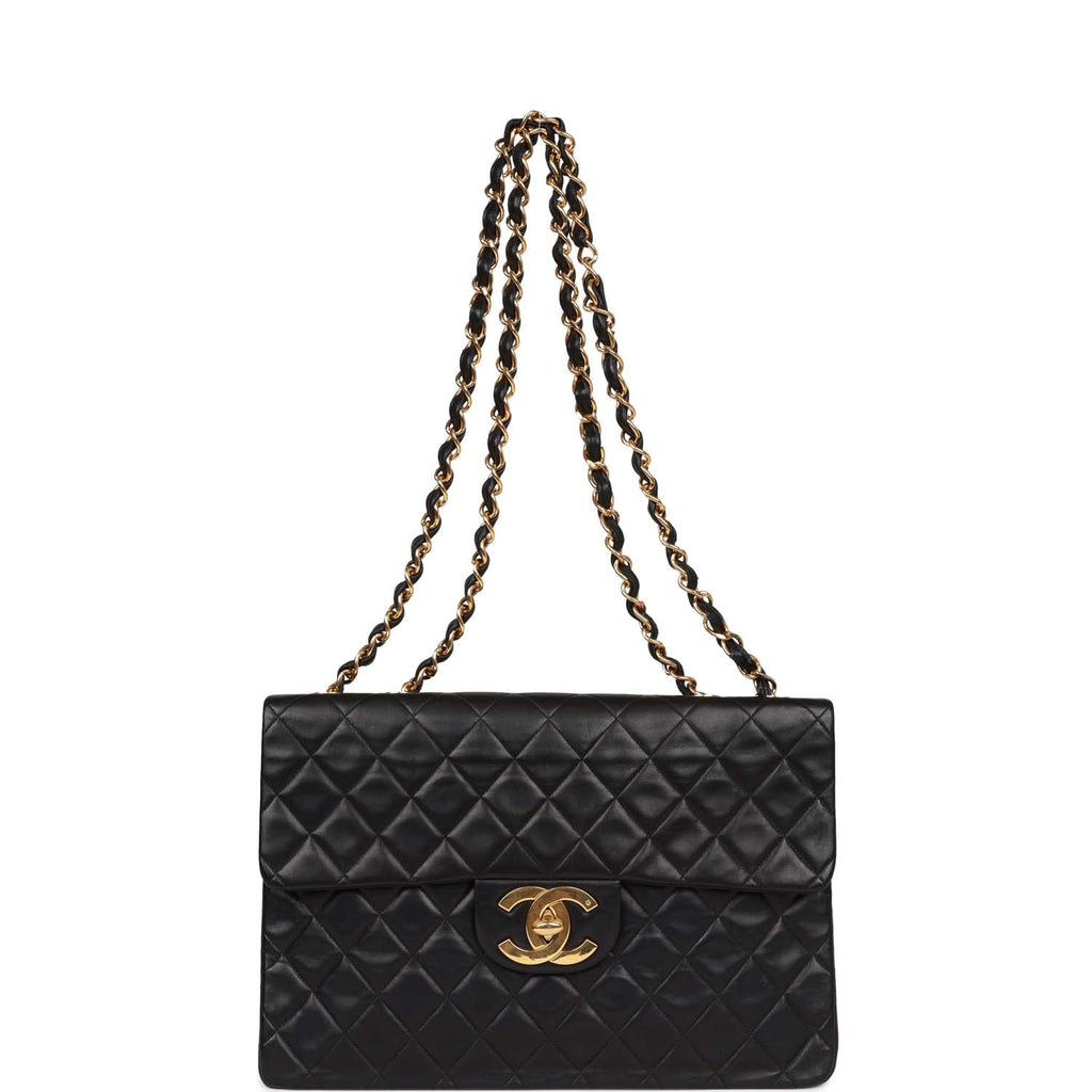 Chanel Vintage XL Jumbo Flap Bag Black Lambskin Gold Hardware