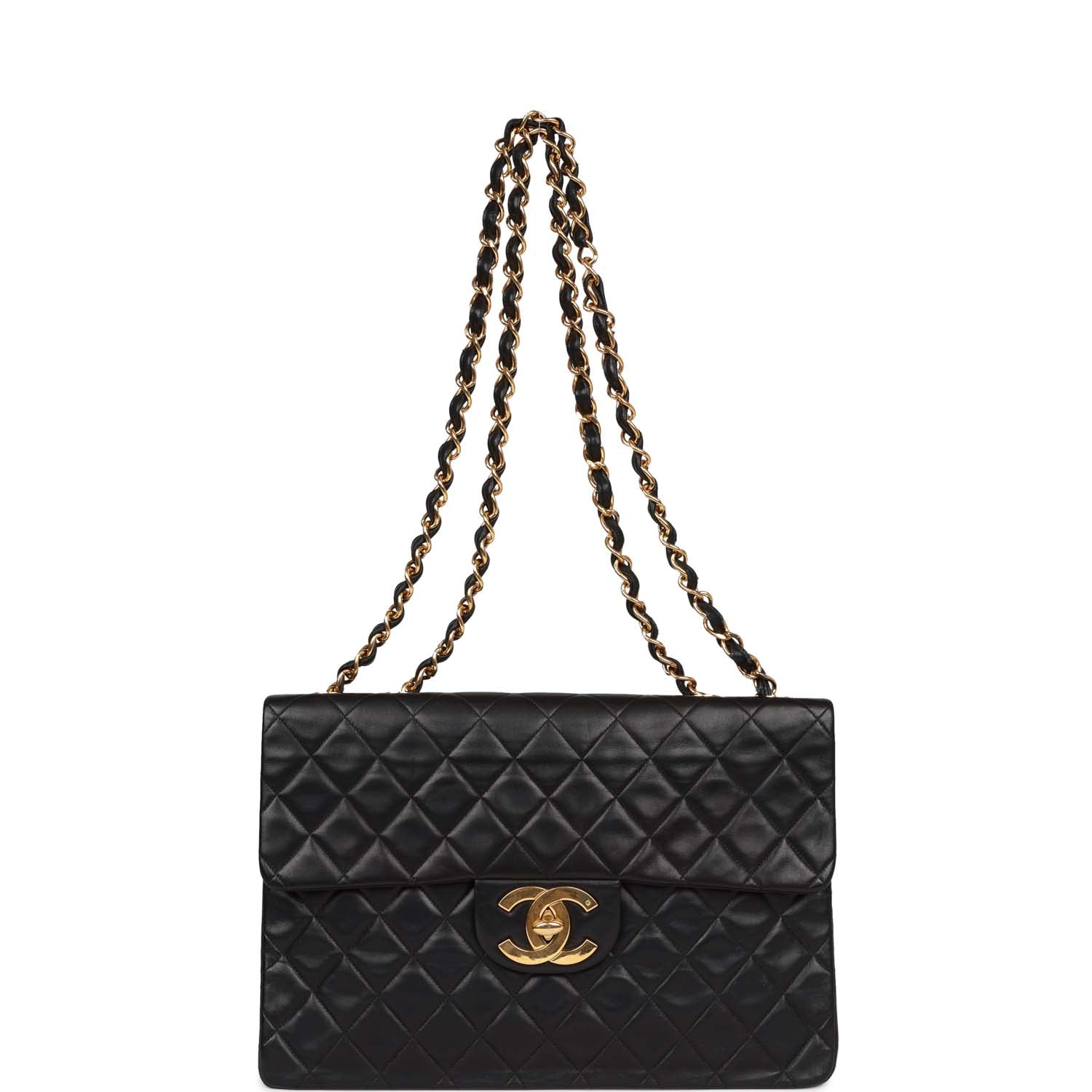 Chanel Vintage XL Jumbo Flap Bag Black Lambskin Gold Hardware