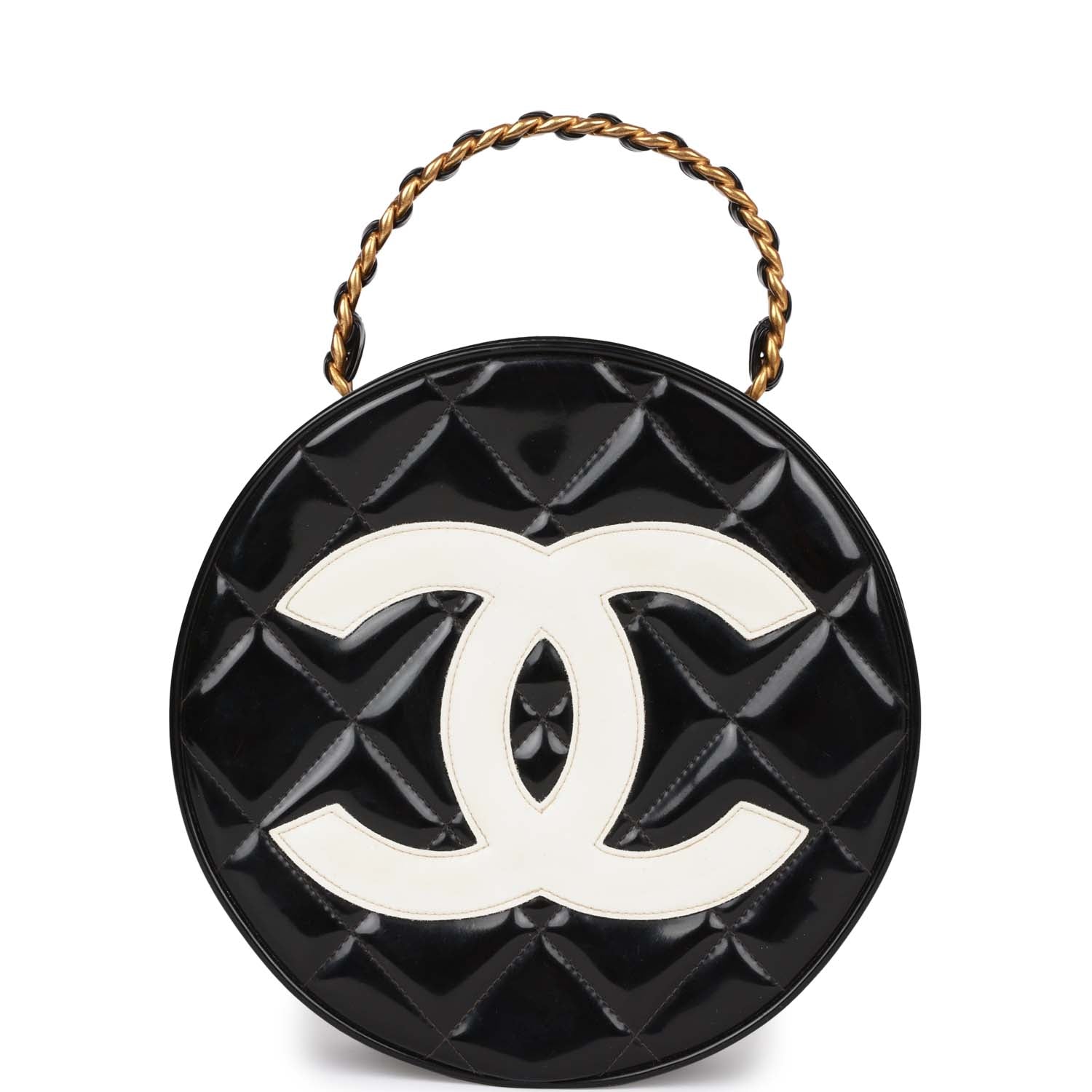 Chanel Vintage Round Vanity Bag Black and White Patent Leather Antique Gold Hardware