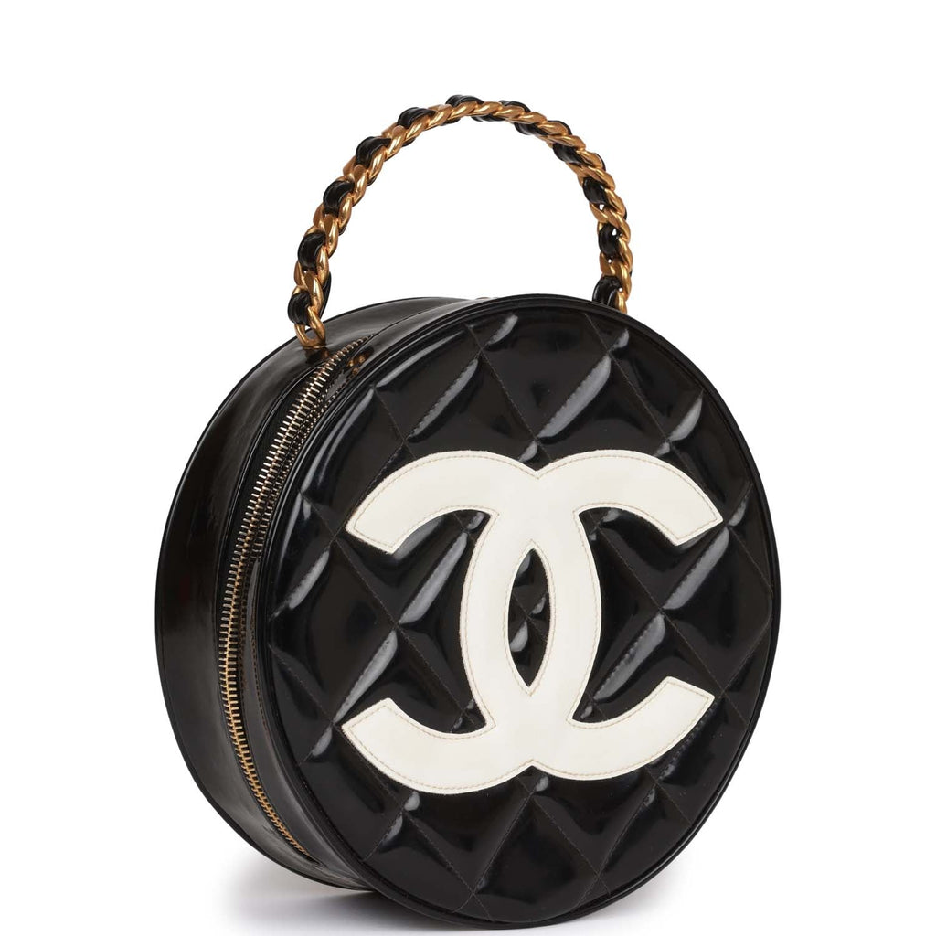 Chanel Vintage Round Vanity Bag Black and White Patent Leather Antique Gold Hardware