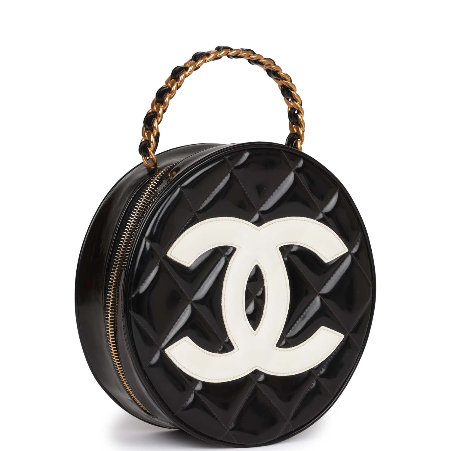 Chanel Vintage Round Vanity Bag Black and White Patent Leather Antique Gold Hardware