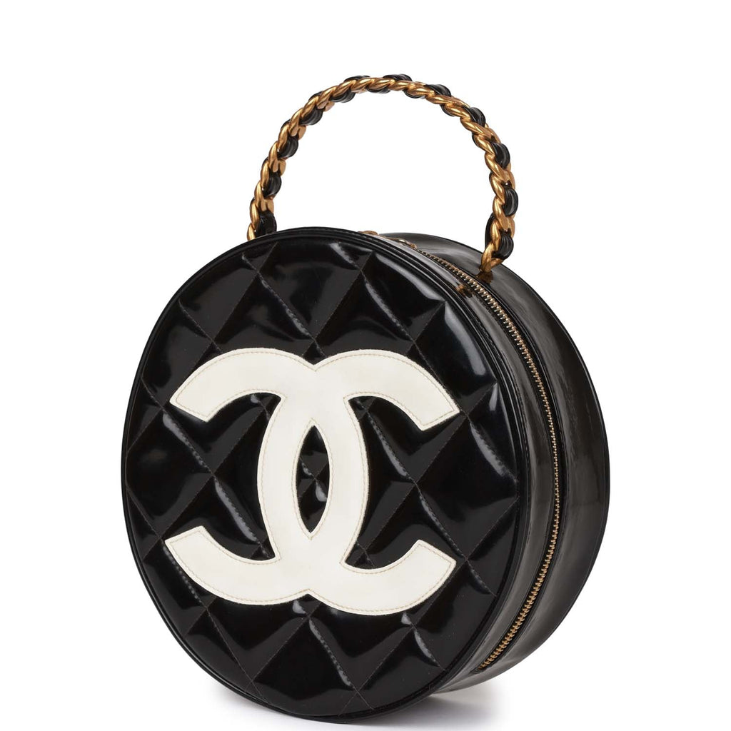 Chanel Vintage Round Vanity Bag Black and White Patent Leather Antique Gold Hardware