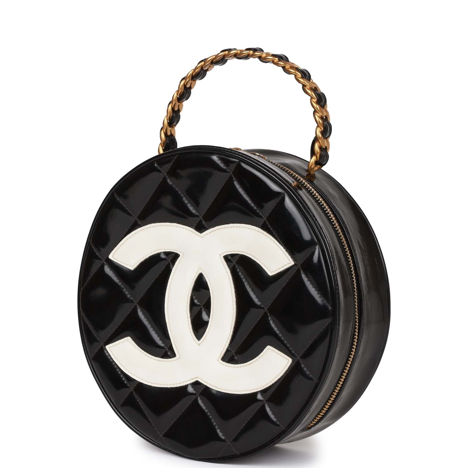 Chanel Vintage Round Vanity Bag Black and White Patent Leather Antique Gold Hardware