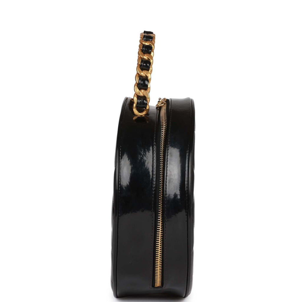 Chanel Vintage Round Vanity Bag Black and White Patent Leather Antique Gold Hardware