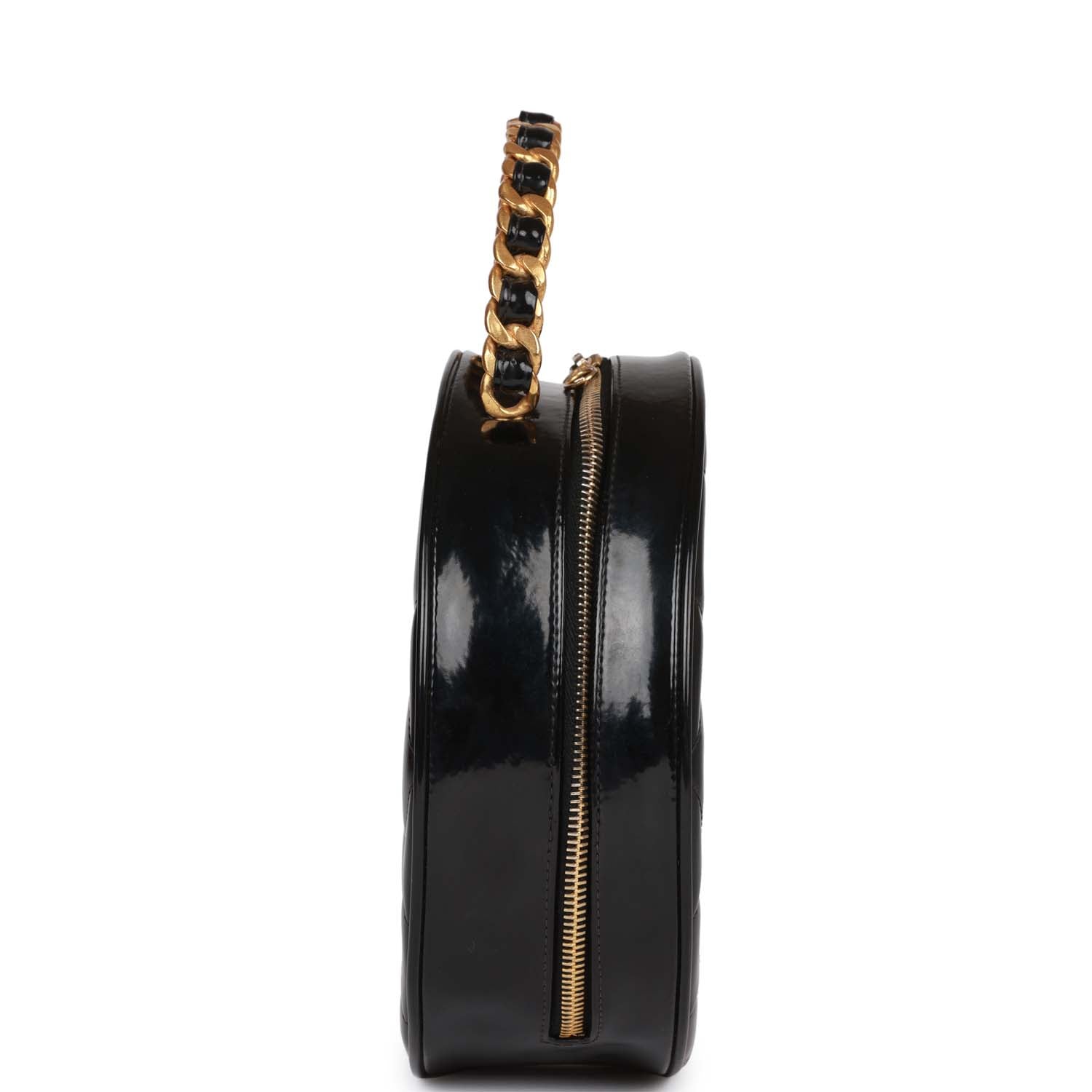 Chanel Vintage Round Vanity Bag Black and White Patent Leather Antique Gold Hardware