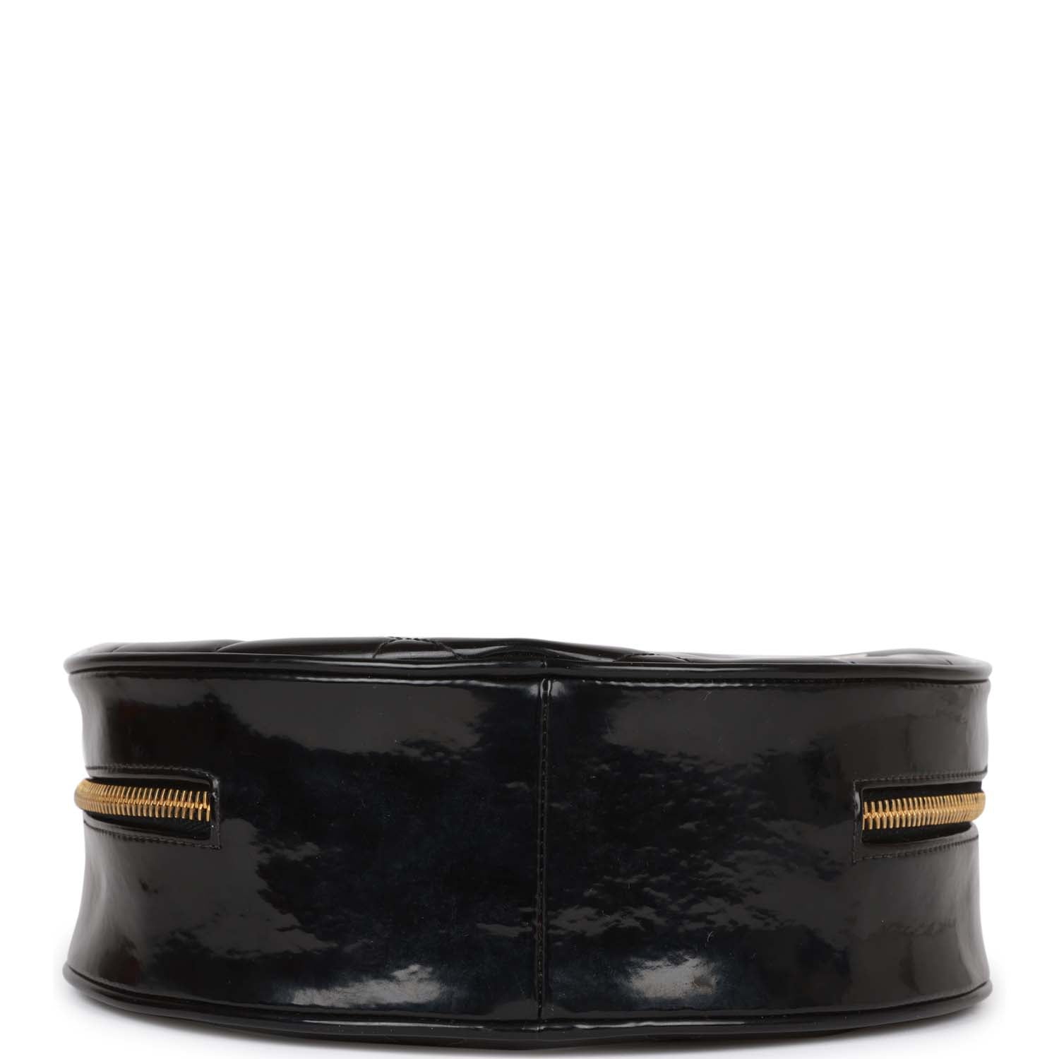 Chanel Vintage Round Vanity Bag Black and White Patent Leather Antique Gold Hardware