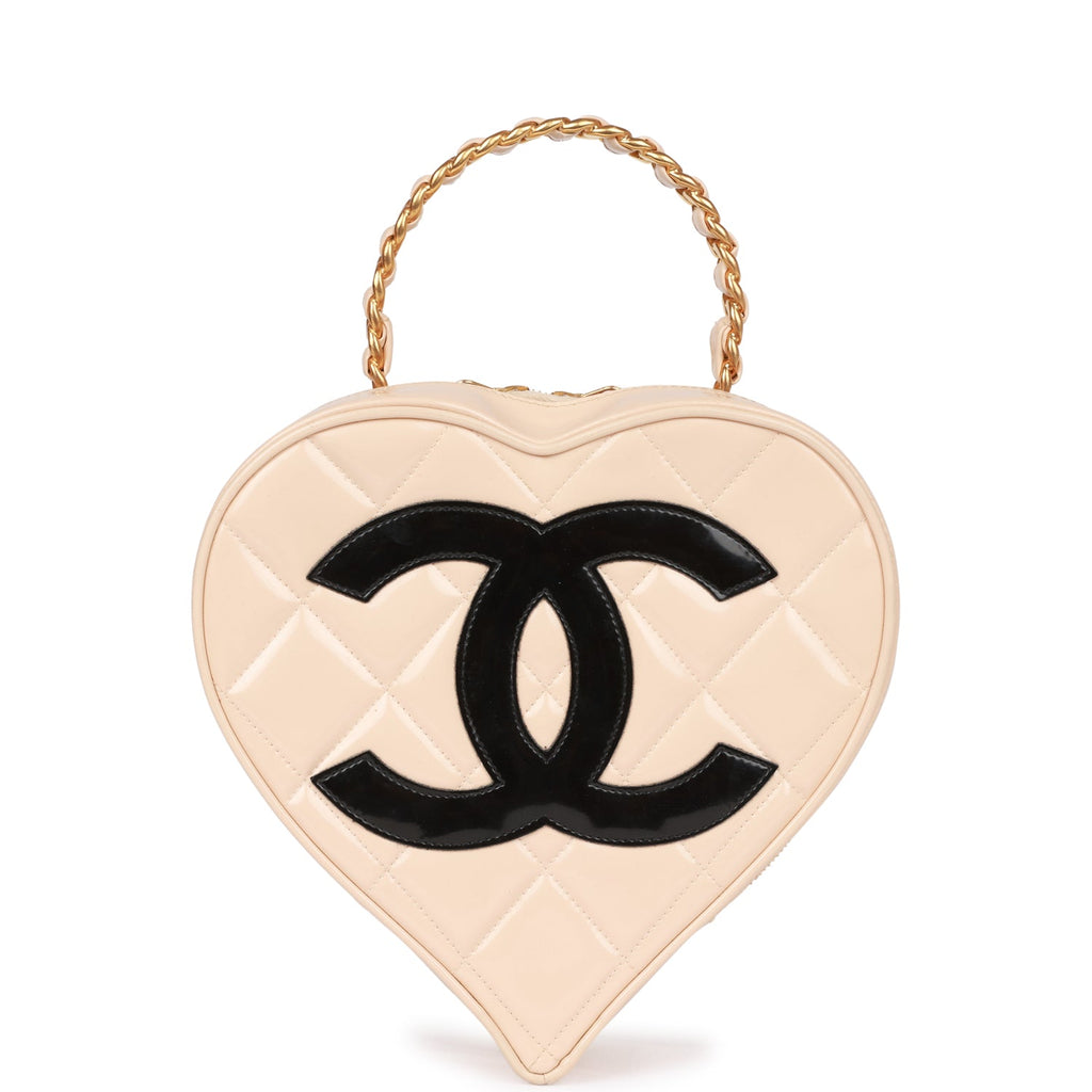 Chanel Vintage Heart Vanity Bag Beige and Black Patent Antique Gold Hardware