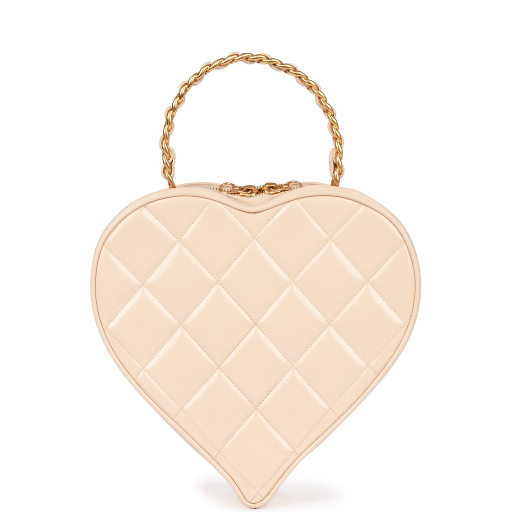 Chanel Vintage Heart Vanity Bag Beige and Black Patent Antique Gold Hardware