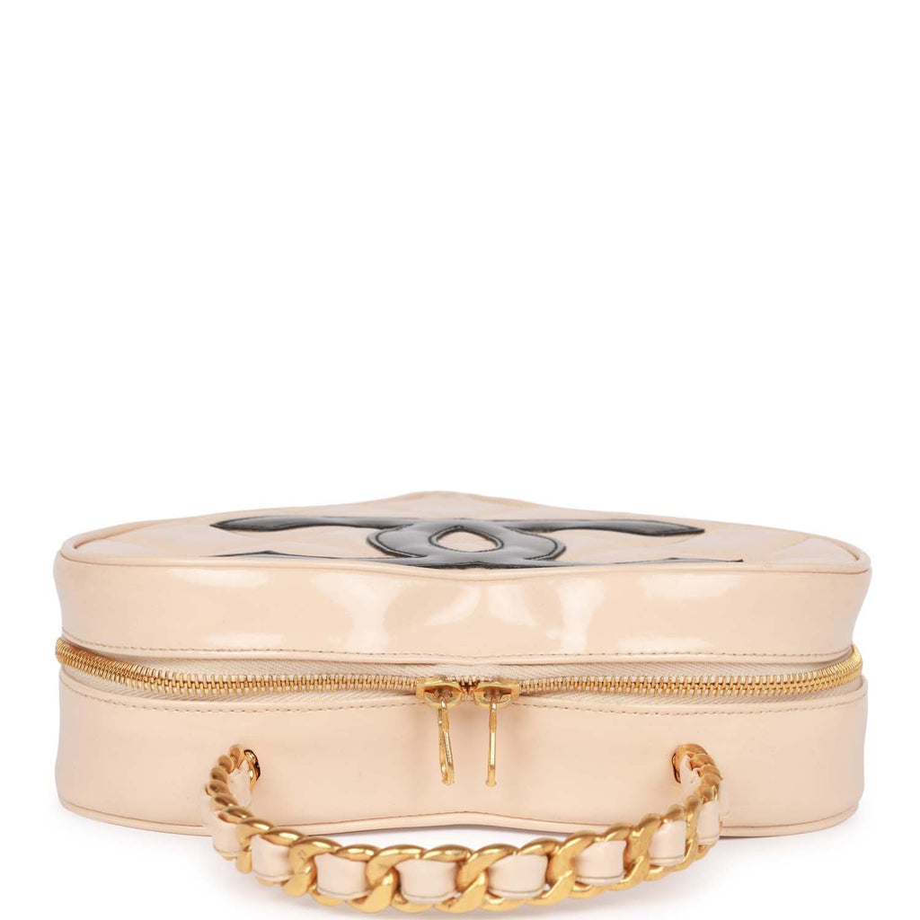 Chanel Vintage Heart Vanity Bag Beige and Black Patent Antique Gold Hardware