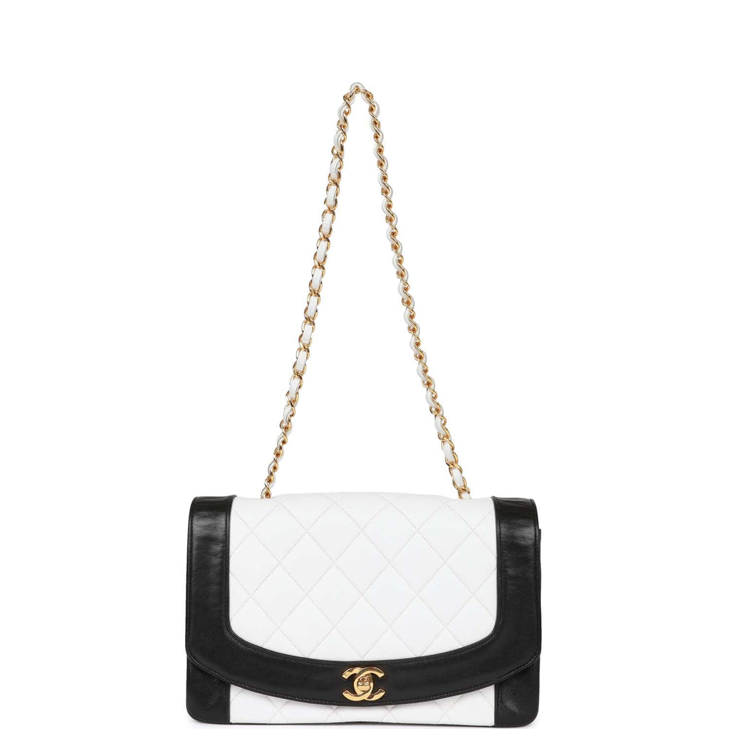 Chanel Vintage Medium Diana Flap Bag White and Black Lambskin Gold Hardware