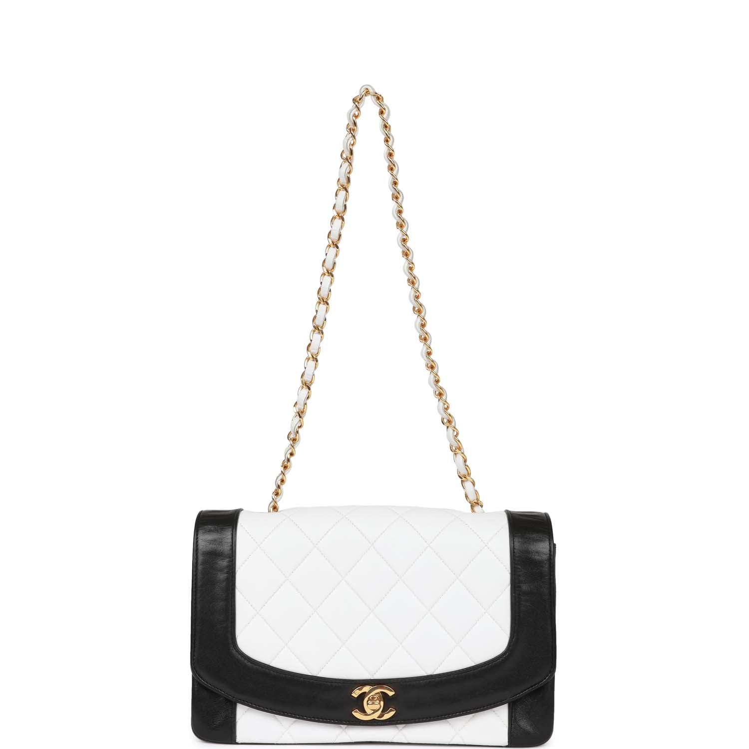 Chanel Vintage Medium Diana Flap Bag White and Black Lambskin Gold Hardware