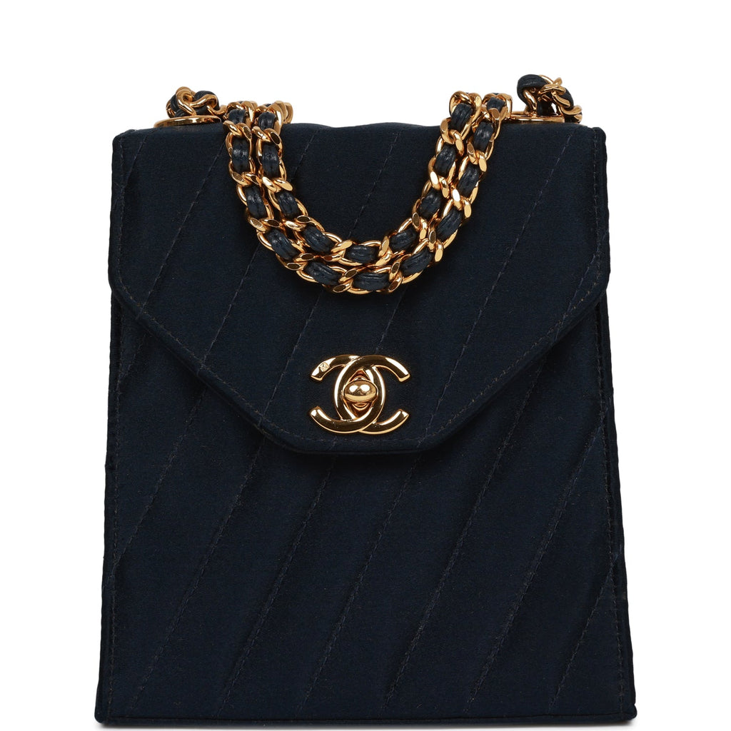 Chanel Vintage Mini Flap Bag Dark Blue Satin Gold Hardware