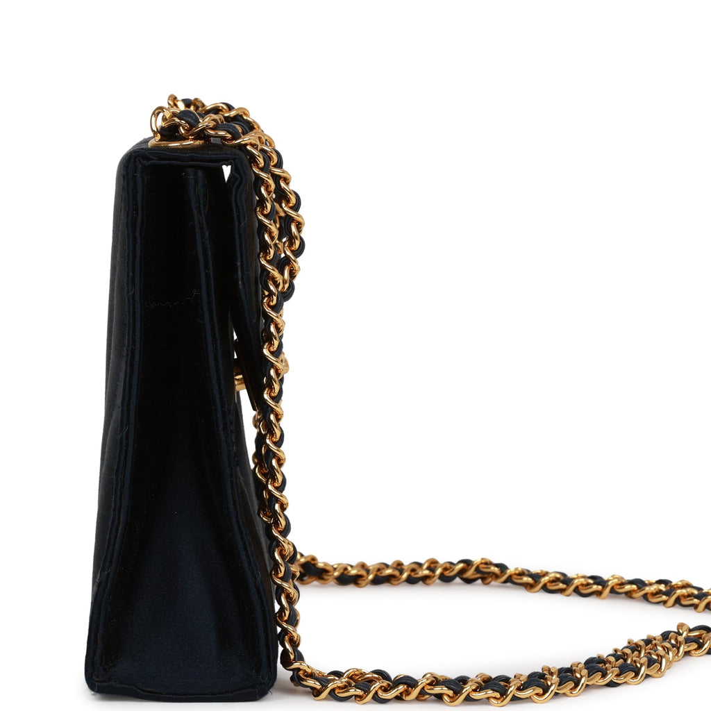 Chanel Vintage Mini Flap Bag Dark Blue Satin Gold Hardware