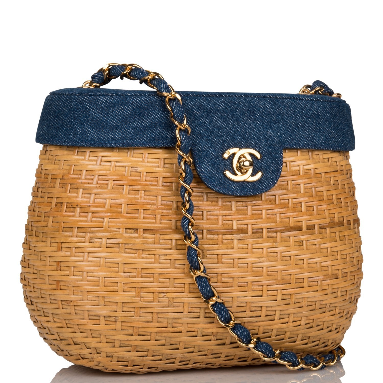 Chanel Vintage Basket Bag Denim and Wicker Gold Hardware