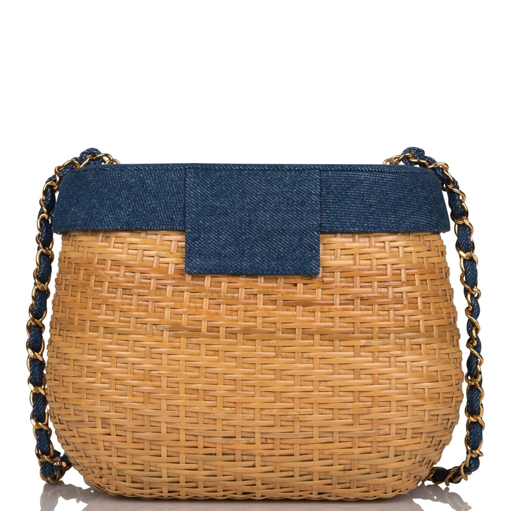 Chanel Vintage Basket Bag Denim and Wicker Gold Hardware