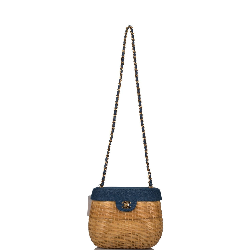 Chanel Vintage Basket Bag Denim and Wicker Gold Hardware