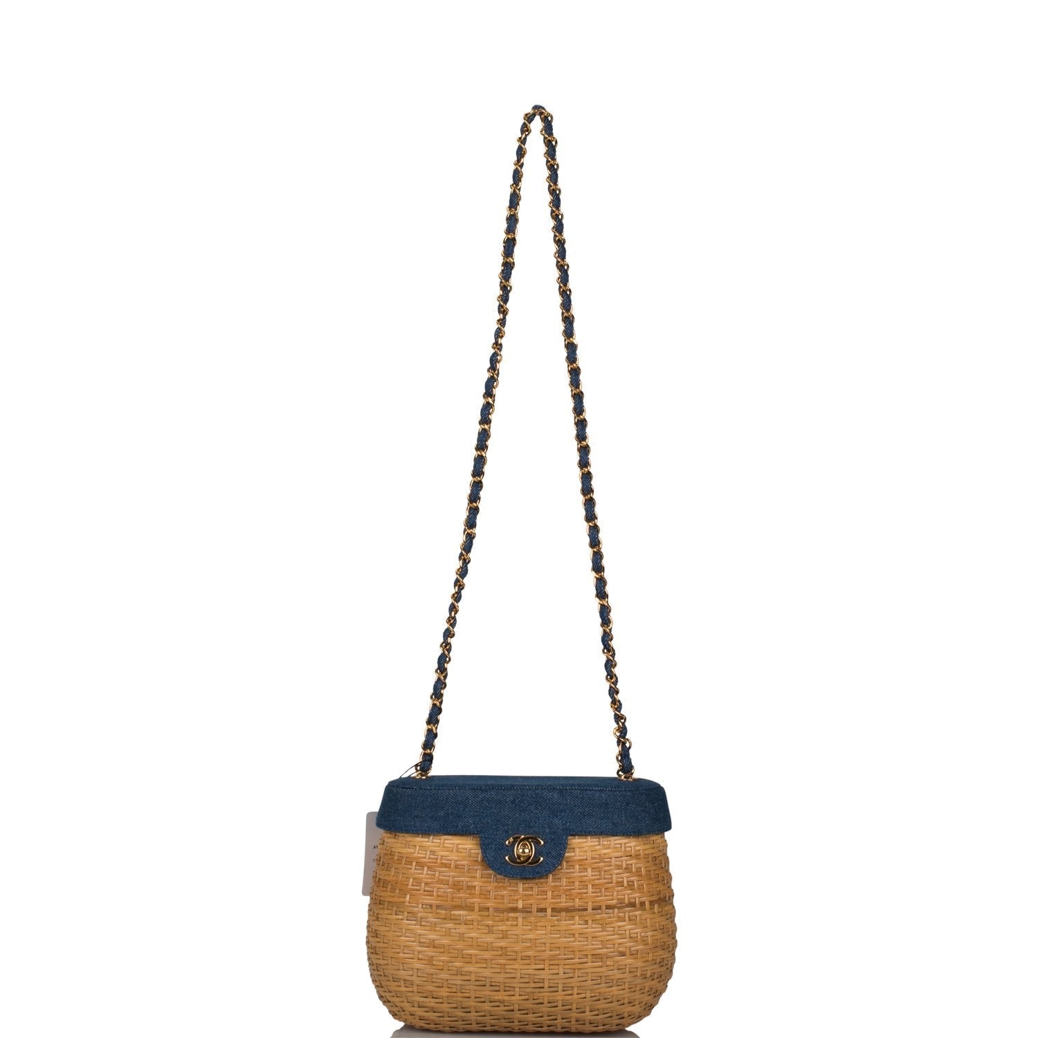 Chanel Vintage Basket Bag Denim and Wicker Gold Hardware