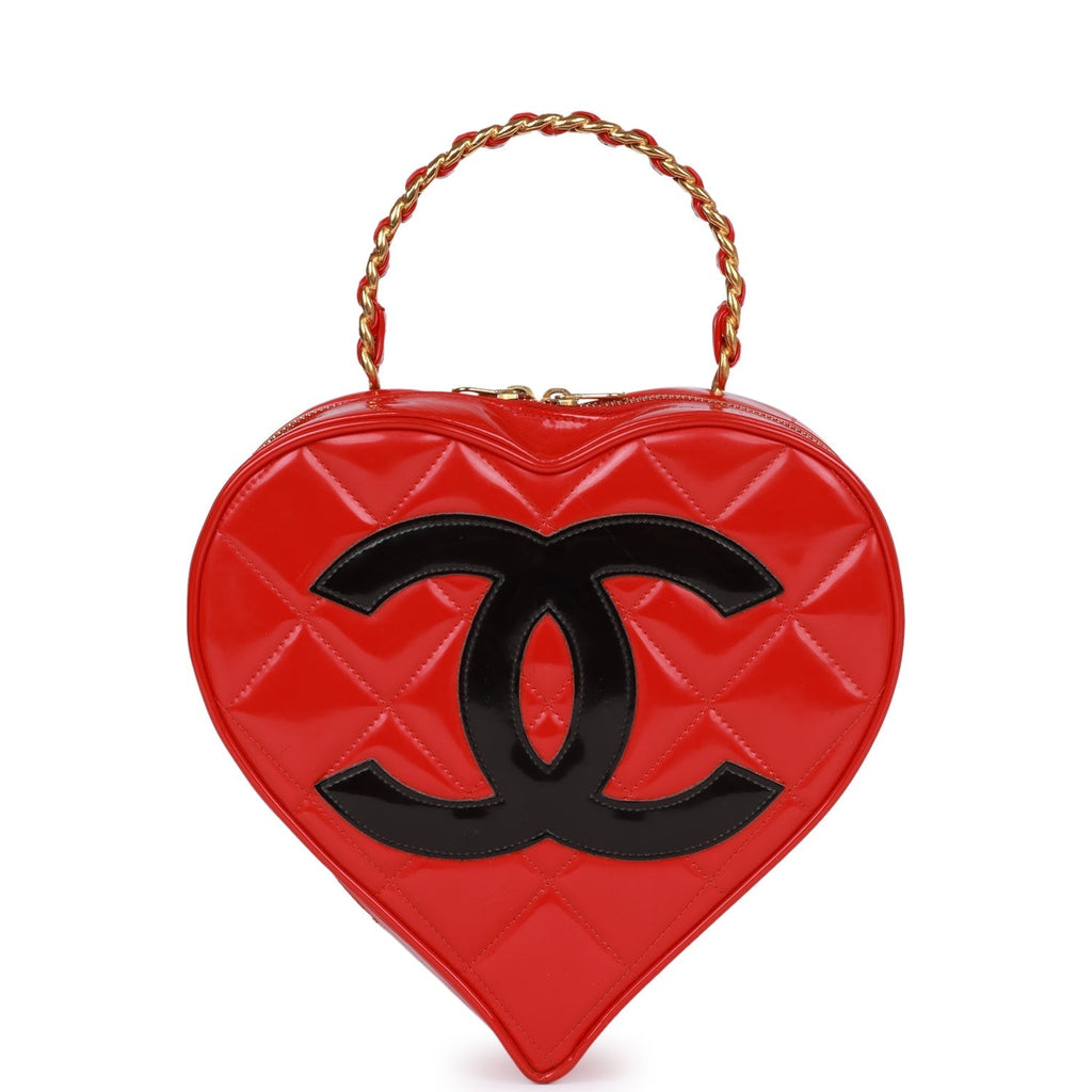 Chanel Vintage Heart Vanity Bag Red and Black Patent Antique Gold Hardware
