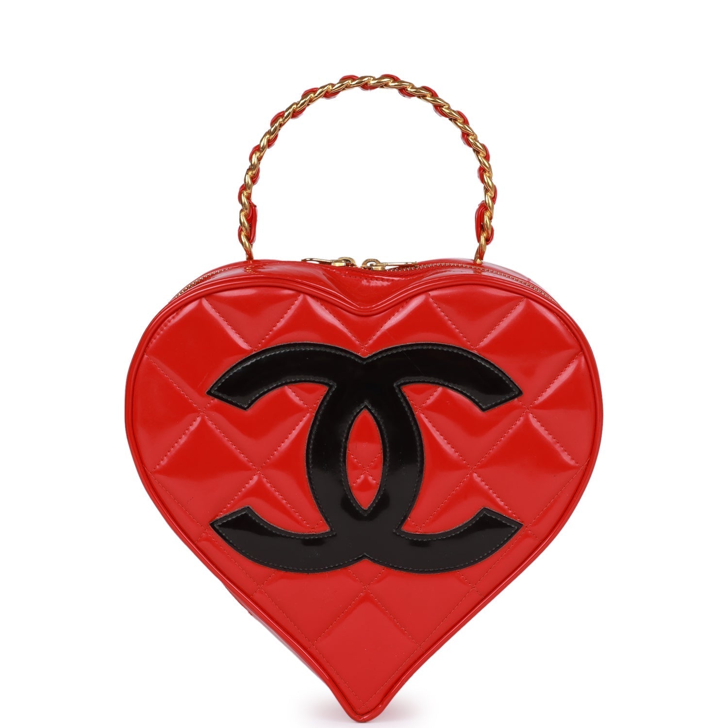 Chanel Vintage Heart Vanity Bag Red and Black Patent Antique Gold Hardware