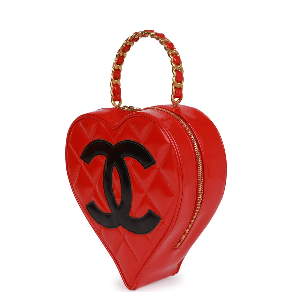 Chanel Vintage Heart Vanity Bag Red and Black Patent Antique Gold Hardware
