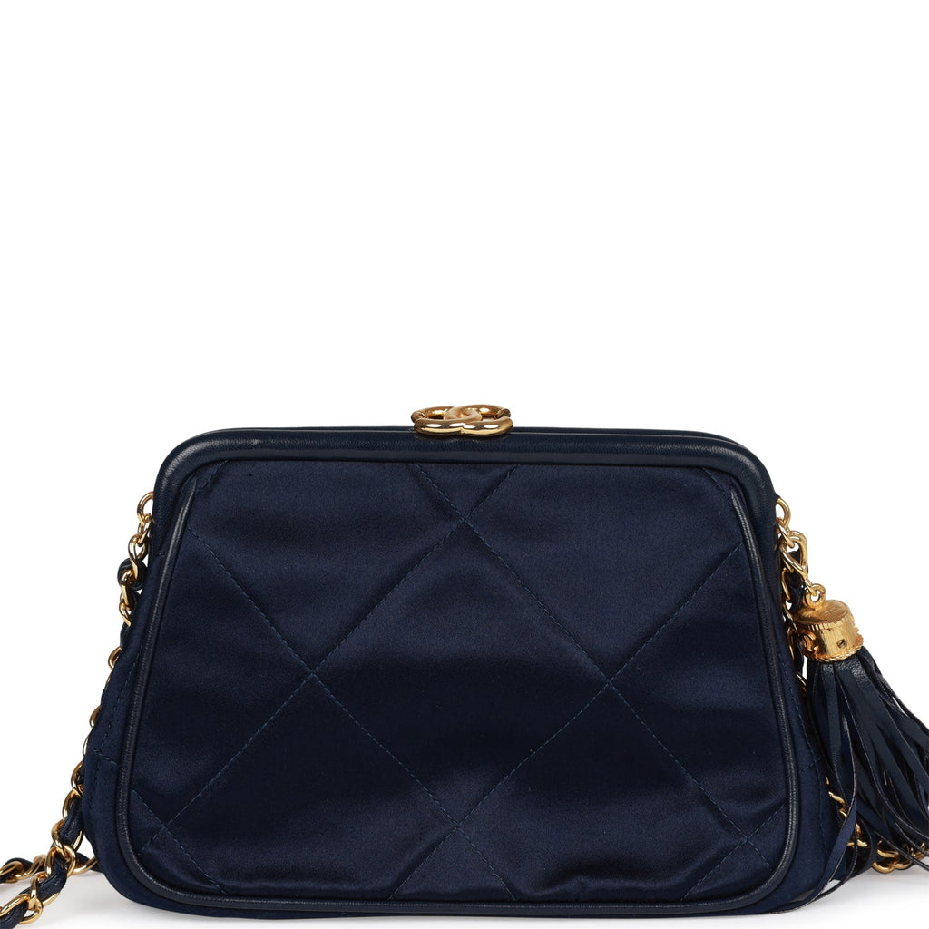 Chanel Vintage Frame Tassel Bag Navy Satin Gold Hardware
