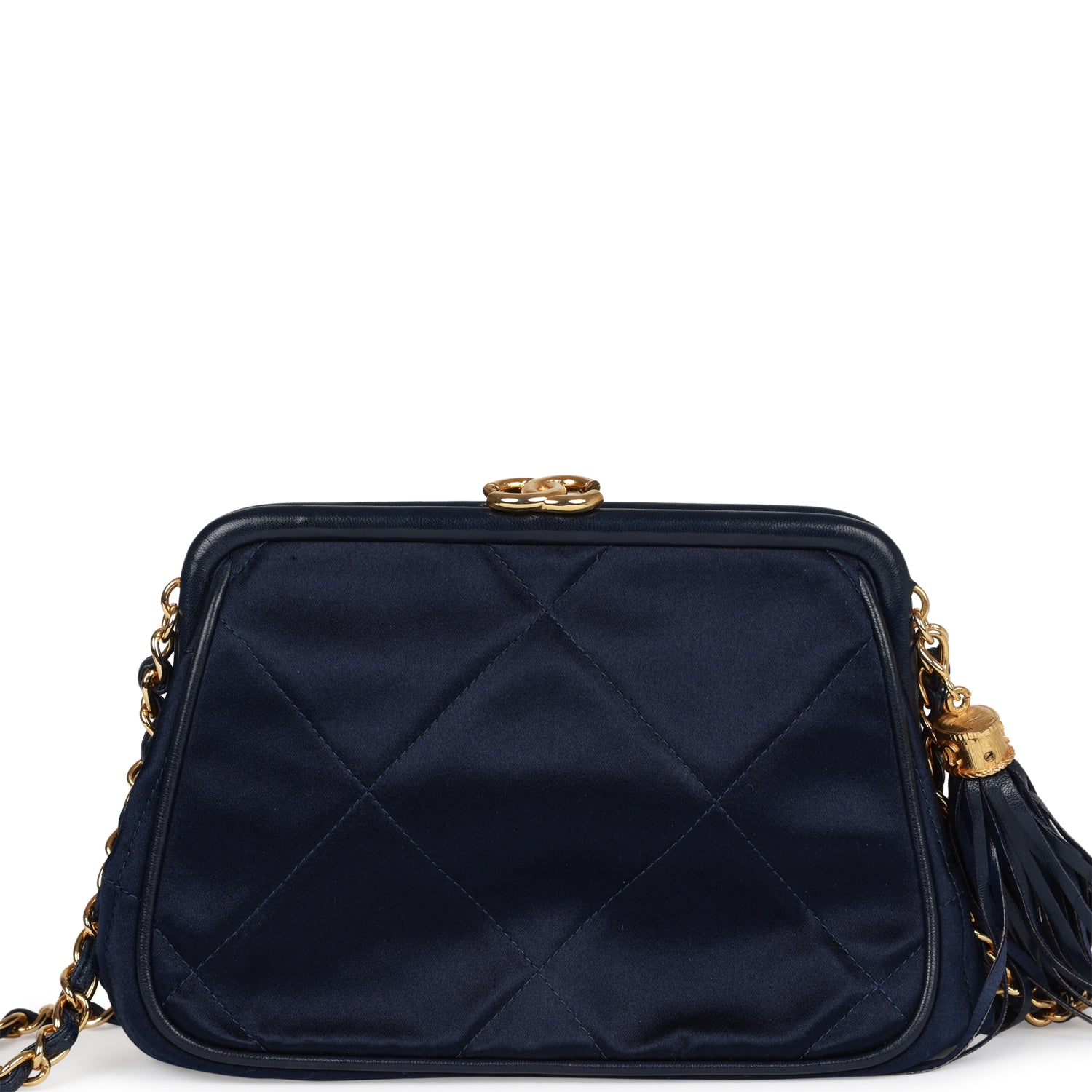 Chanel Vintage Frame Tassel Bag Navy Satin Gold Hardware
