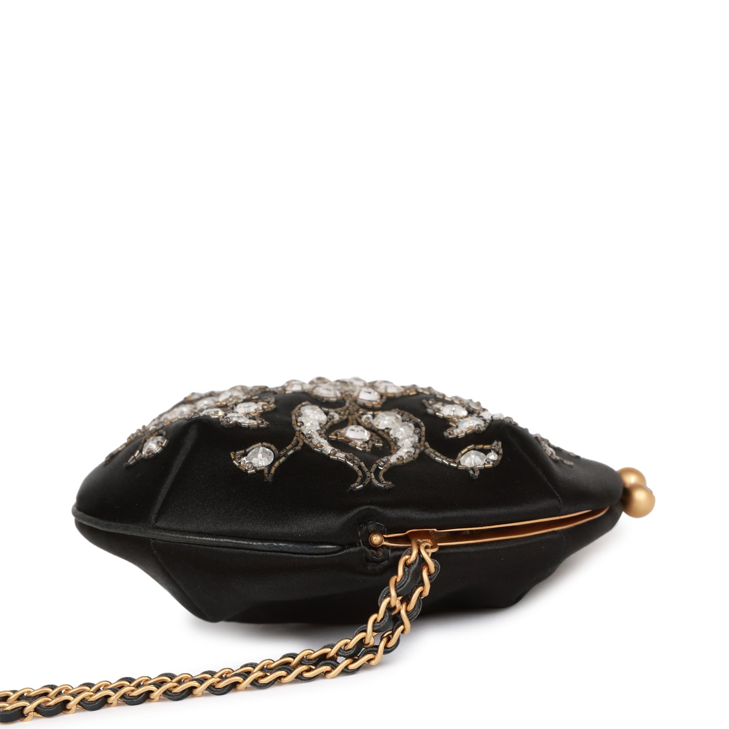 Chanel Vintage Clutch Bag Black Satin Embellished Antique Gold Hardware