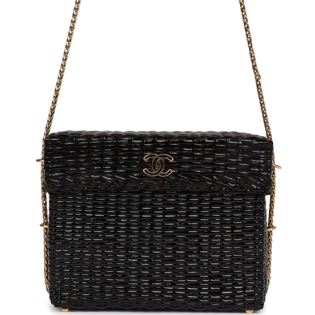 Chanel Vintage Wicker Picnic Basket Bag Black Gold Hardware