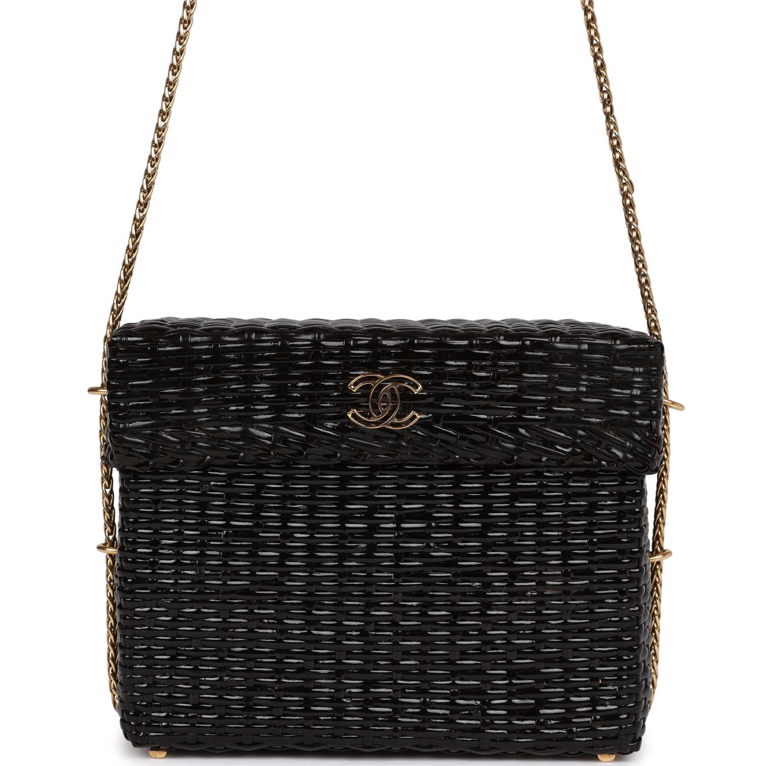 Chanel Vintage Wicker Picnic Basket Bag Black Gold Hardware