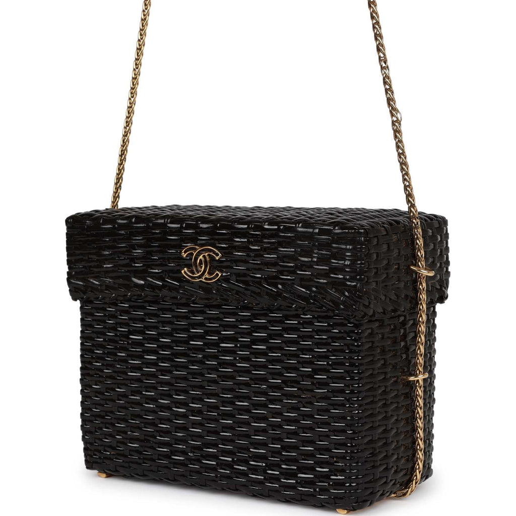 Chanel Vintage Wicker Picnic Basket Bag Black Gold Hardware