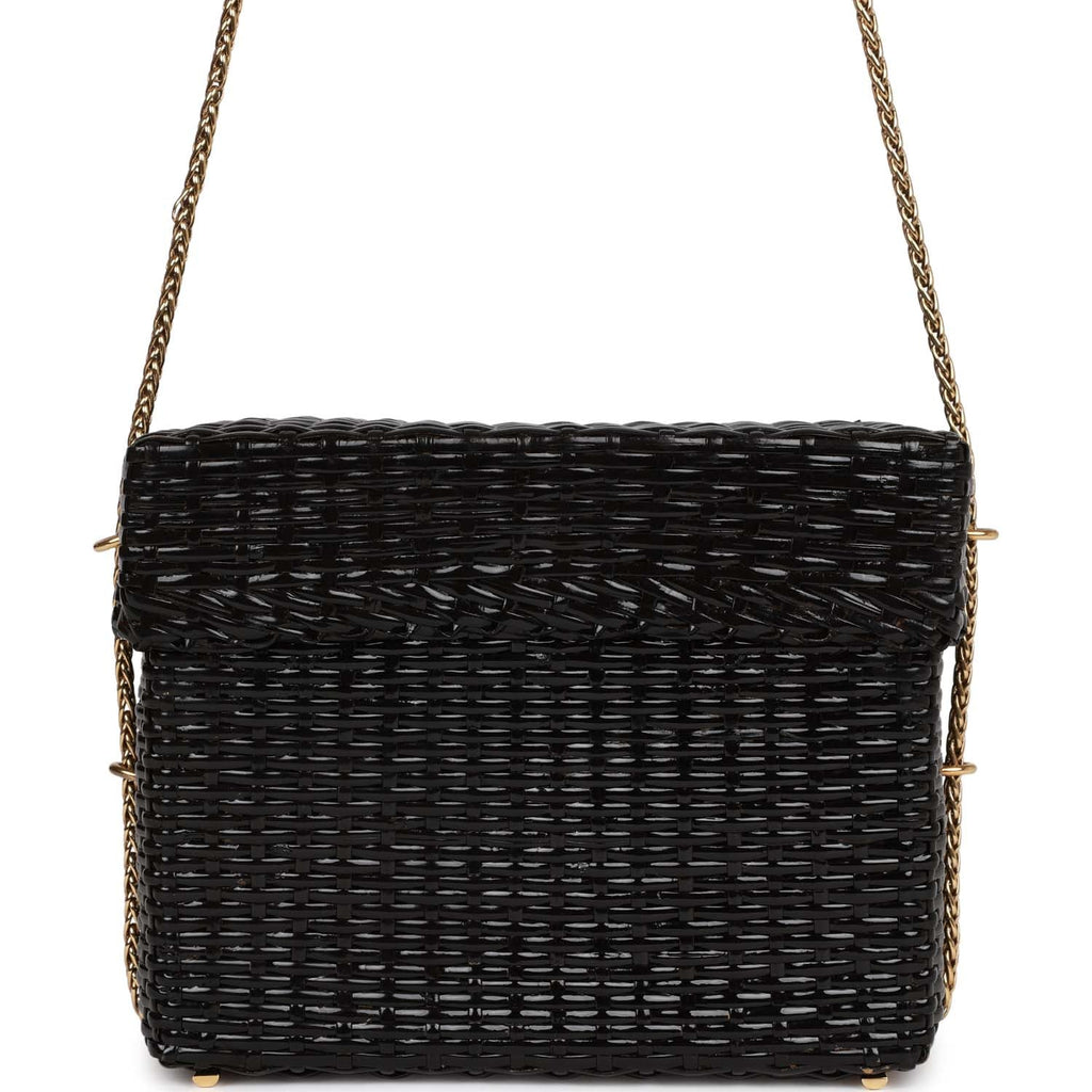 Chanel Vintage Wicker Picnic Basket Bag Black Gold Hardware